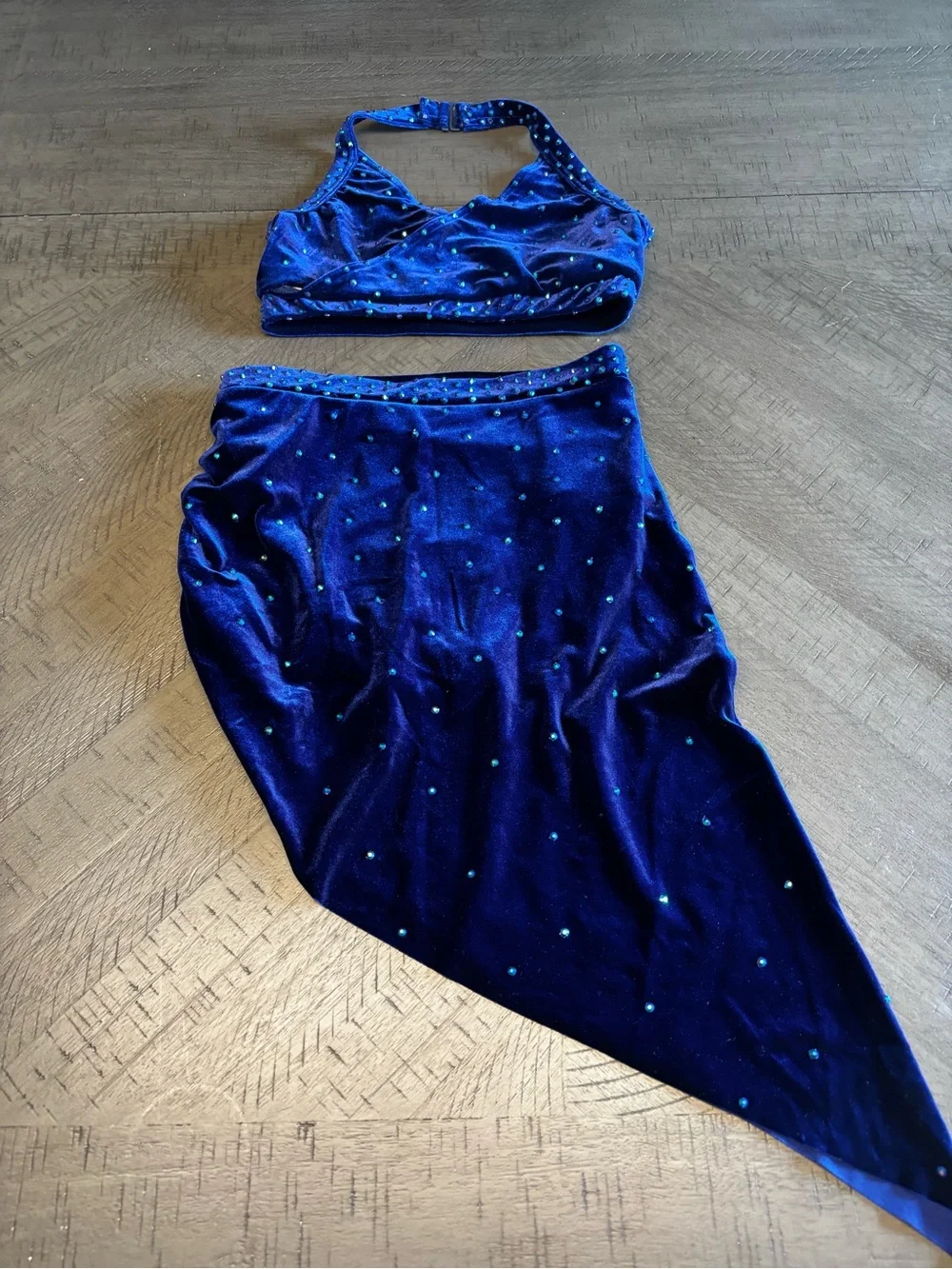 Weissman Blue Velvet Two-Piece Set with Teal Embellishments costume